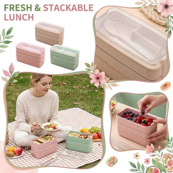 Stackable Lunch Box, Three-layer Microwave Safe Lunch Box Bento Box with Cutlery Set, Stackable Meal Prep Container for Adults, Portion-control Low-calorie Diet Food Storage, 1pcs Beige