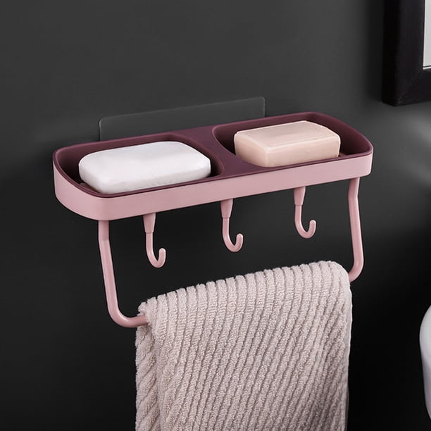 Dispensador de jabón y toallero montados en la pared con ganchos - Organizador de plástico para el baño de almacenamiento, amarillo, gris, rosa, azul