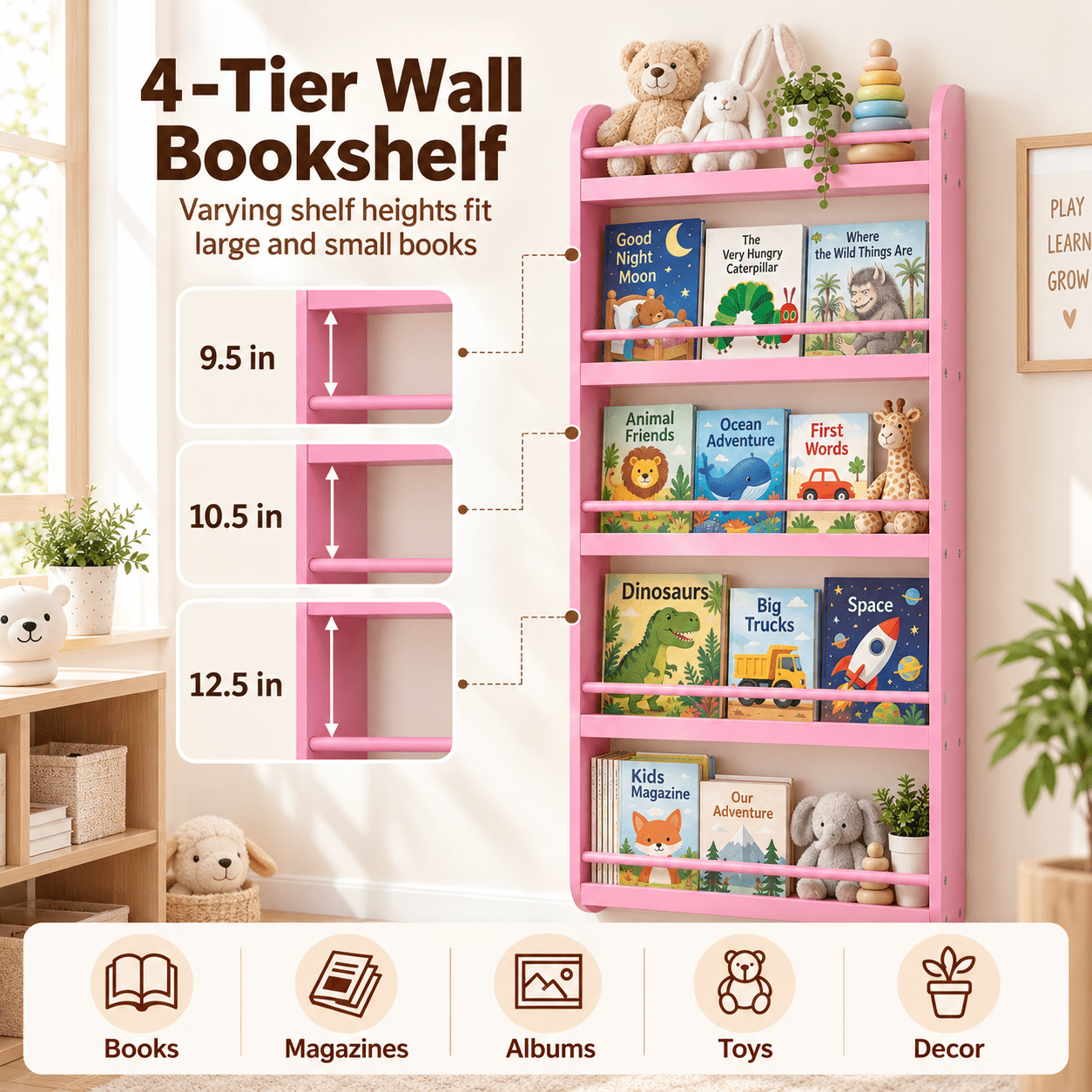 Furnibear 4-Tier Wall Bookshelf for Kids, Front-Facing Nursery Bookcase with Display Shelves for Books and Toys, Space-Saving Bedroom Storage, Pink