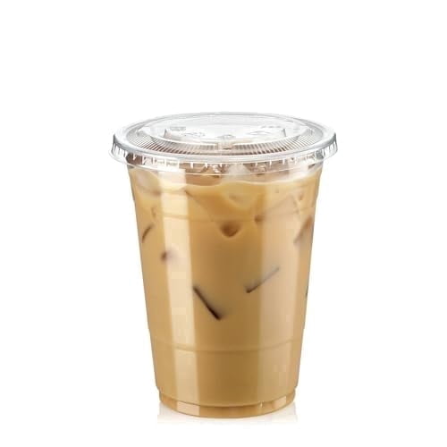 Fit Meal Prep 100 Pack 16 oz Clear Plastic Cups with Flat Lids, Disposable Iced Coffee Cups, BPA Free Premium Crystal Smoothie Cup for Party, Lemonade Stand, Cold Drinks, Juice, Milkshake
