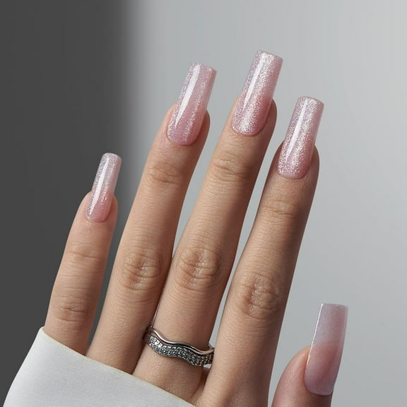 Cat Eye XCOATTIPS - Soft Gel Square Nail Tips, Pink Glitter Press On Nails Long, Soak Off Acrylic Fake Nails Glue On Nails In 15 Sizes - 150 Nail Extension Set, Get Sparkle Pink B-Get Sparkle Long
