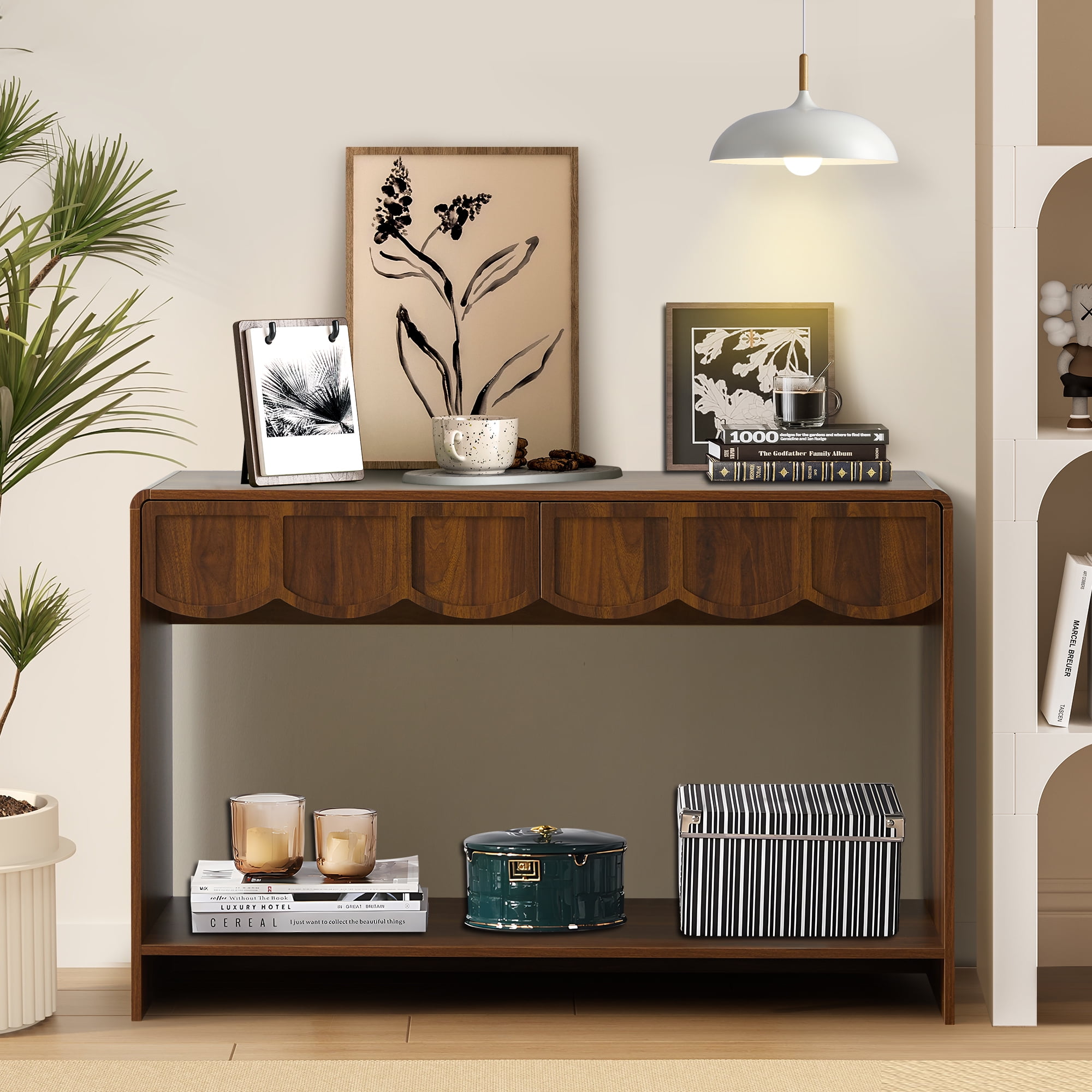 PHOYAL Console Table Sofa Table with 2 Drawer and Open Storage Shelves, Modern Entryway Table for Living Room Hallway Bedroom, Walnut
