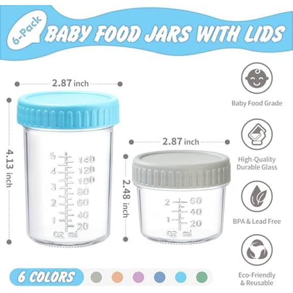 6 Pack Glass Baby Food Storage Containers - 4 & 8 oz Baby Food Jars with Lids Baby Food Maker Microwave Dishwasher Freezer Safe 100% Leak Proof BPA Free Reusable