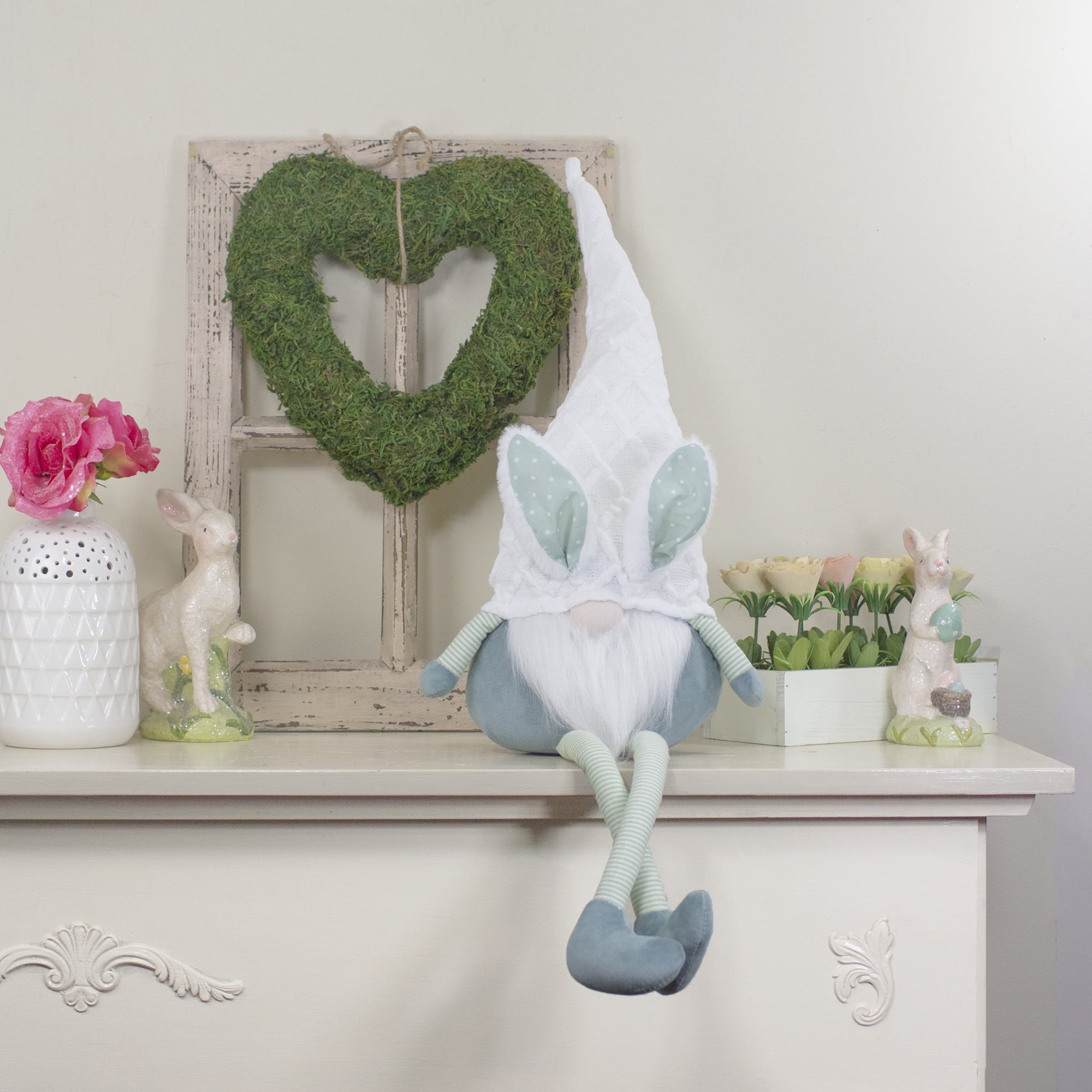 33" White and Green Sitting Easter Gnome with Bunny Ears and Dangling Legs