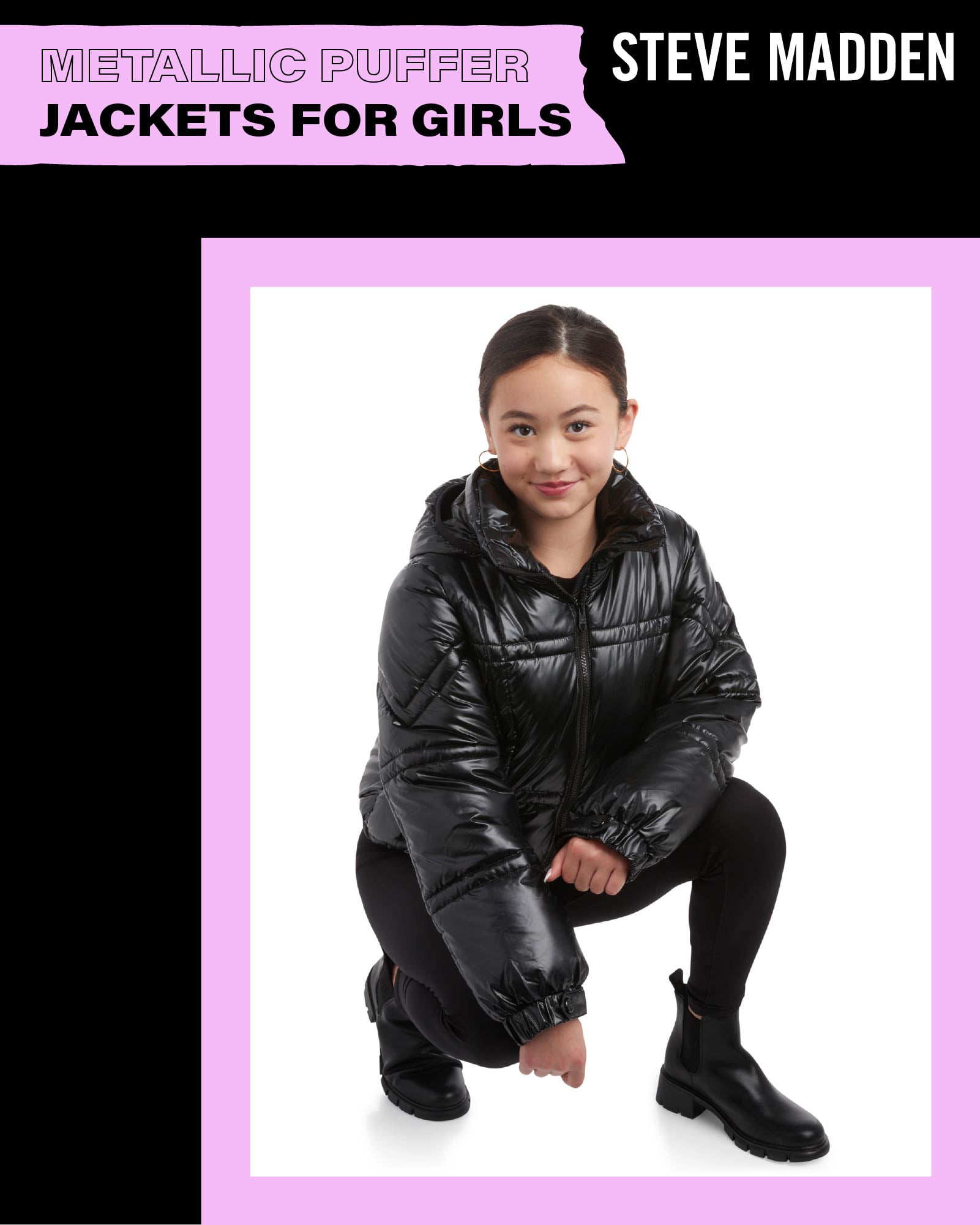 Steve Madden Girls' Jacket - Cute Zip Up Girl's Metallic Puffer