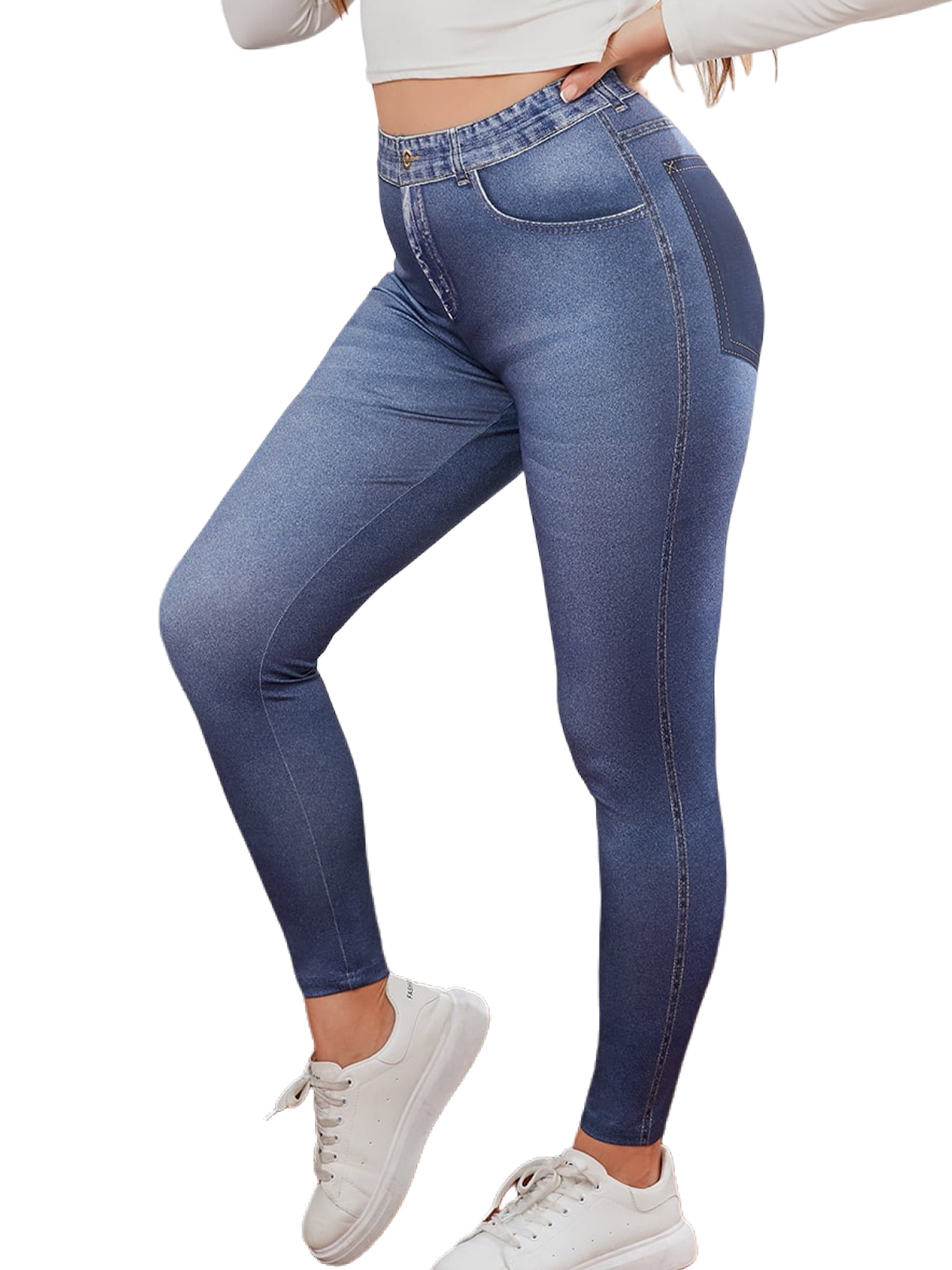 Frontwalk Women's Plus Size Jean Look Leggings High Waist Slim Skinny  Jeggings with Pockets Seamless Fake Denim Pants Blue 4XL 