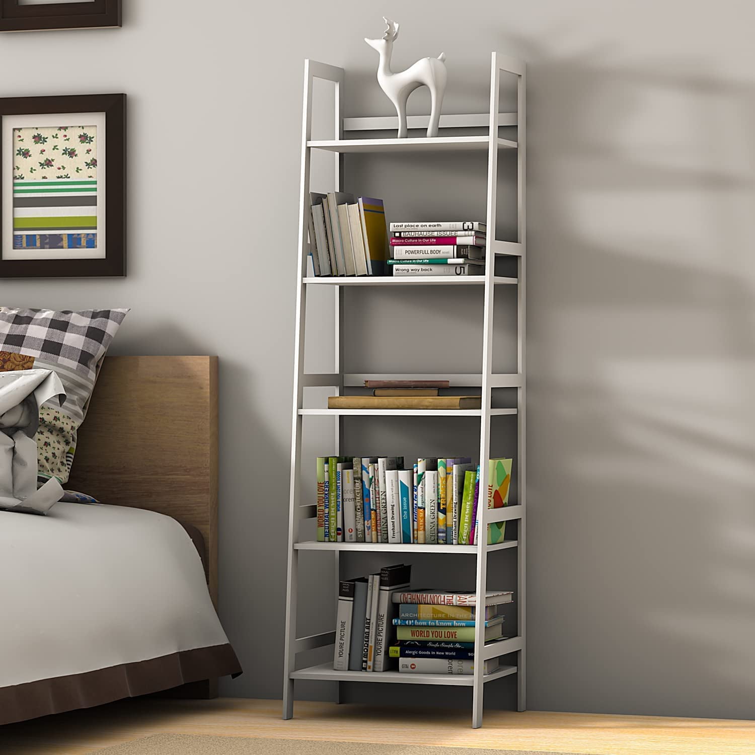 Kadyn 5-shelf Ladder Bookcase, Plant Flower Stand, Freestanding Bamboo Frame Storage Rack Shelf, White
