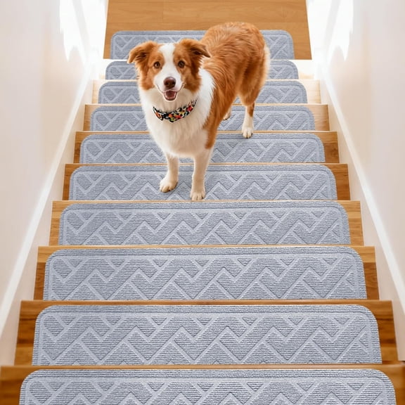 15PCS Non-Slip Stair Treads Carpet,8" X 30" Indoor Self-Adhesive Stair Treads Mat,Anti Slip Stair Rugs for Kids Elders and Dogs,Light gray