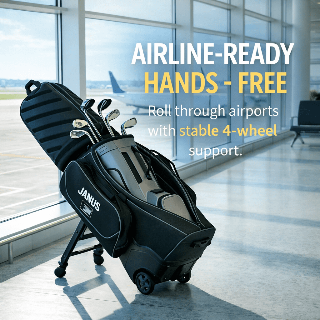 JANUS Golf Travel Bag with Integrated Foldable Support System, 4-Wheel Hands-Free Rolling & 2-Wheel Pull Mode, Reinforced Hard Base, Airline Checked Luggage Compatible