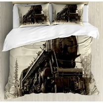 Steam Engine Duvet Cover Set Queen Size, Antique Northern Express Train Canada Railways Photo Freight Machine Print, Decorative 3 Piece Bedding Set with 2 Pillow Shams, Black Grey, by Ambesonne