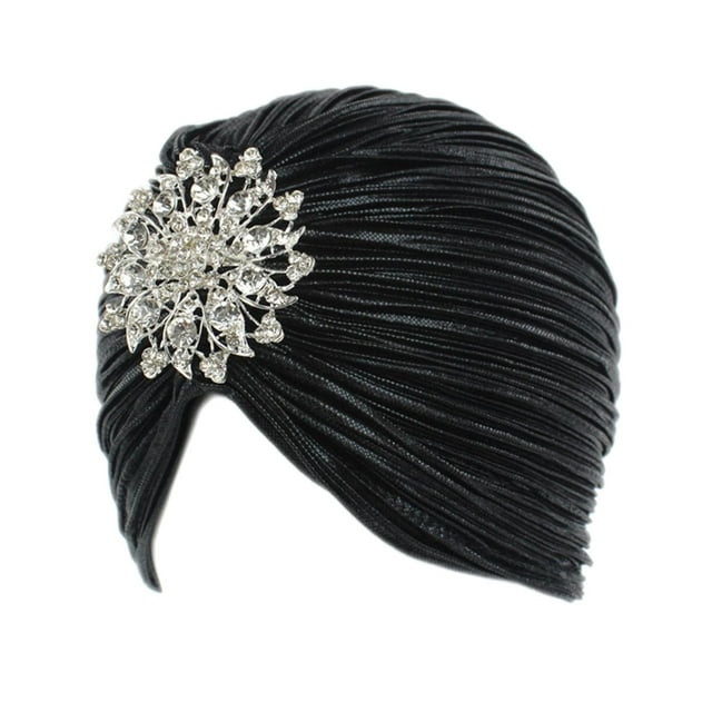 Gorro turbante para la cabeza, diadema, broche de aleación, bufanda para el pelo, cubierta elástica para el pelo, gorro para mujer, Festival familiar Negro