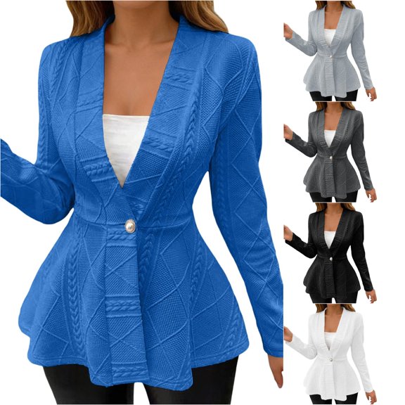 Unir Relaxed Cable Jacquard V Neck Single Button Peplum Long Sleeve Knit Jacket Light Spring Fall Casual Layering Outer Coat 1PC S-XXL Plus Size Friendly