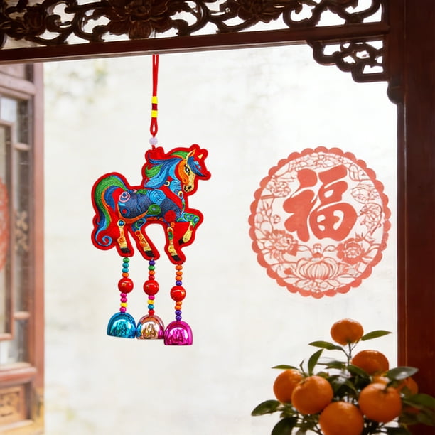 Adorno colgante de caballo para puerta, pared o coche | Colgante bordado de caballo chino al galope | Amuleto decorativo de tela para la entrada del hogar, estudio o decoración de eventos
