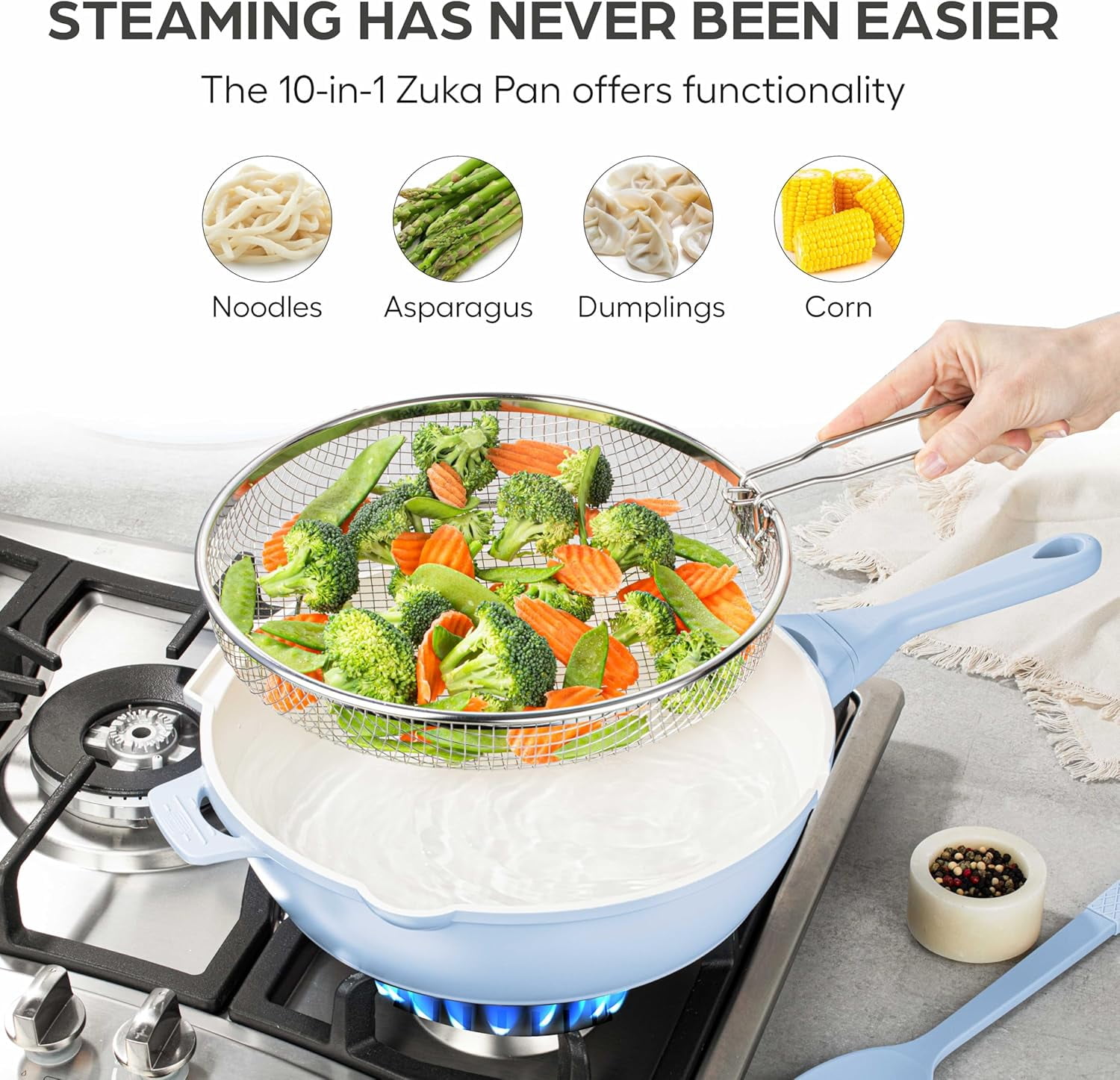 ZUKA Ceramic Pan by Granitestone, 10 in 1 Ceramic Deep Frying Pans Set with Steamer, Large Saute Pan with Lid, Everyday Skillet, Non Toxic Pans for Cooking, Nonstick, Induction Oven & Dishwasher Safe