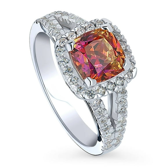 BERRICLE Sterling Silver Halo Red Orange Cushion Cut Cubic Zirconia CZ Kaleidoscope Cocktail Fashion Split Shank Ring for Women, Rhodium Plated Size 4.5