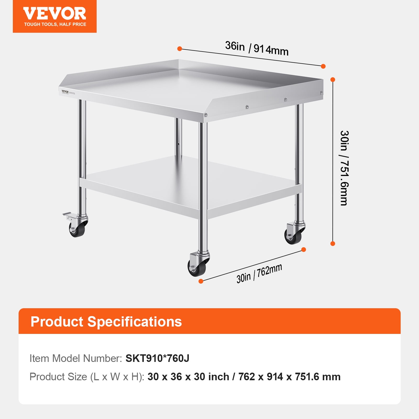VEVOR Stainless Steel Work Table, 30 x 36 x 30 Inch Commercial Food Prep Worktable with 4 Wheels, Casters, 3-Sided Backsplash Heavy Duty Prep Worktable, Metal Work Table for Restaurant Home Hotel