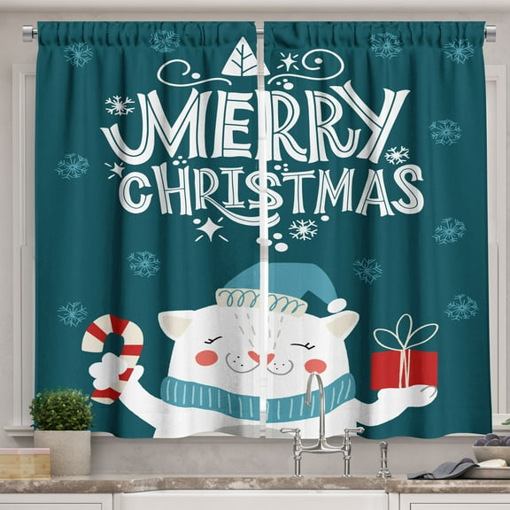 Ambesonne Cat Kitchen Curtains, Kitten Snowflakes Christmas Art, 55"x45", Dark Teal Scarlet White
