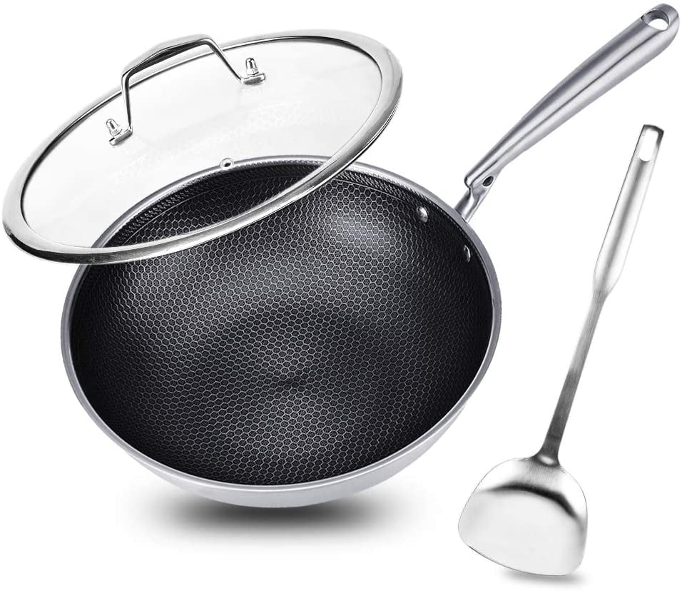 12.5" Stainless Steel Wok, Nonstick Stir Fry Pan with Lid and Spatula, Induction Compatible