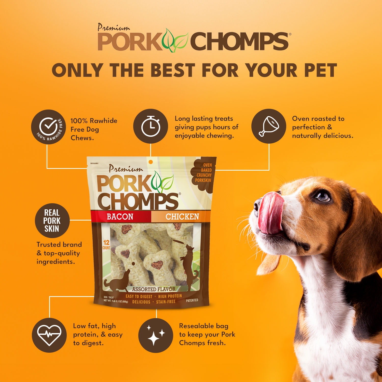 Pork Chomps Premium Dog Treats, Crunchy, Bacon and Chicken Flavor, 4 in, 12 ct