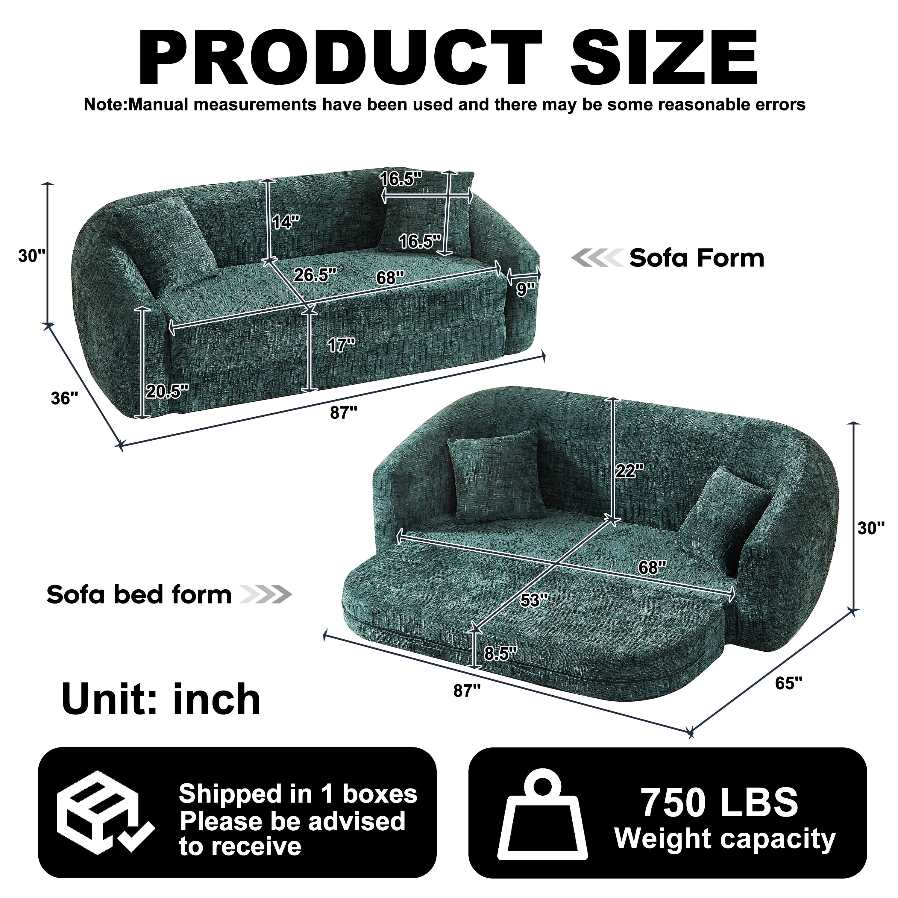 Leumius 87" Convertible Futon Sofa Bed, Corduroy Curved Boneless Couch with High Backrest, 2-in-1 Fold-Out Sleeper Sofa with Pull-out Couch Bed,Green-Square Pillow