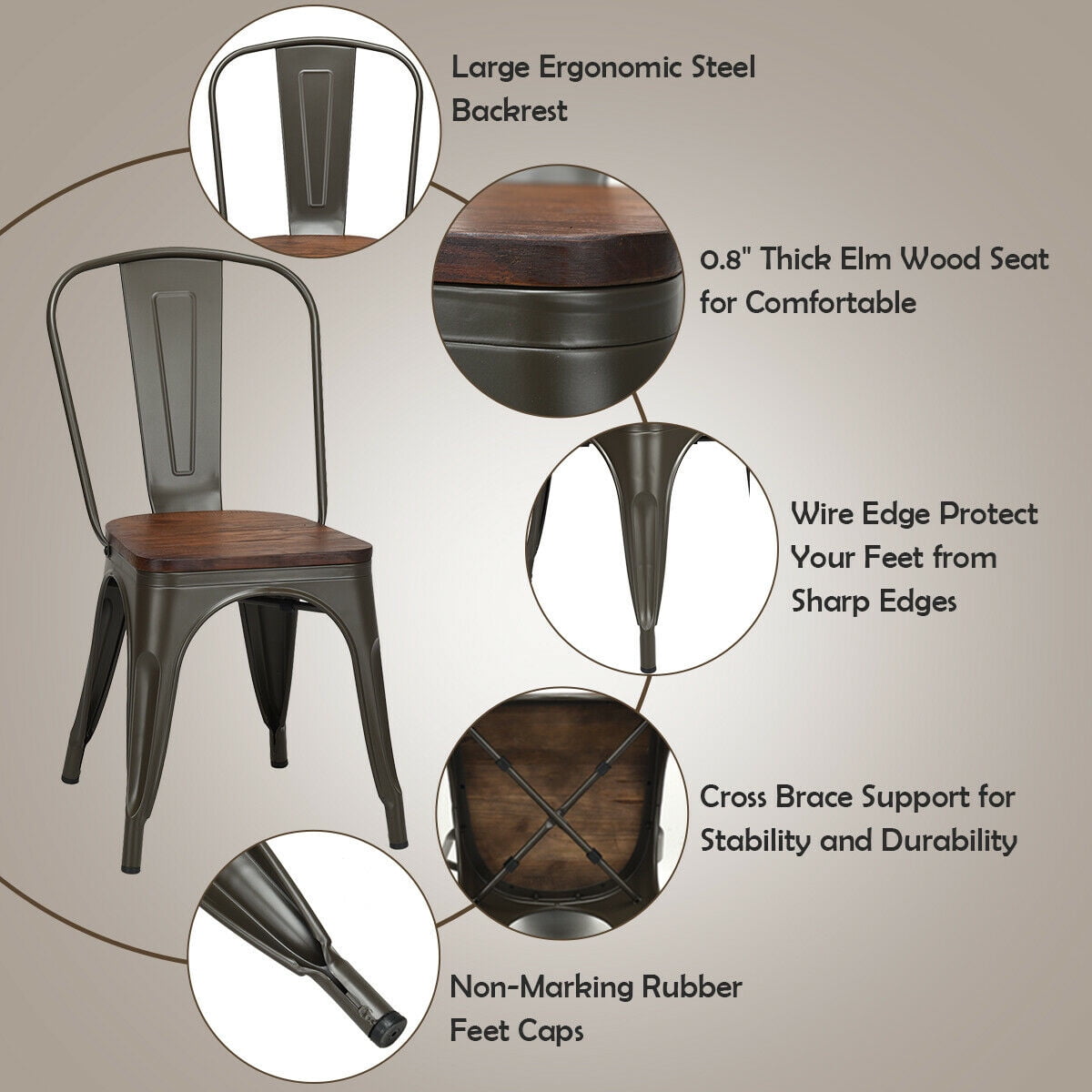 Costway Set of 4 Style Metal Dining Side Chair Wood Seat Stackable Bistro Cafe Brown