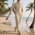thumbnail image 2 of FRSASU Men’s 2 Piece Cotton Linen Outfit Summer Beach Short Sleeve Button Down Shirt and Pants Set Khaki, 2 of 5