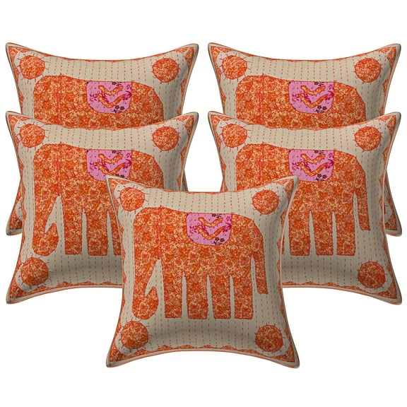 Stylo Culture Indian Decorative Throw Pillow Covers 16 x 16 Applique Kantha Patchwork Orange Bohemian 40x40 cm Bed Room Cotton Elephant Square Cushion Covers | Set Of 5