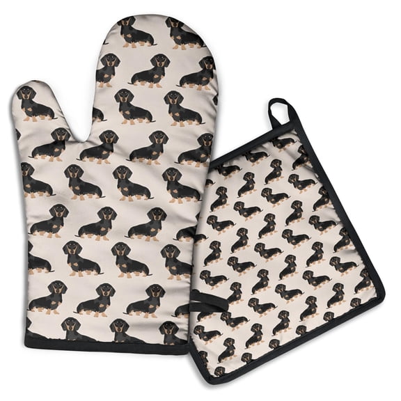 Cute Dachshund Kitchen Oven Mitt and Pot Holder Sets 2 Pcs for Baking, Cooking and Grilling, Heat Resistant Up To 392 °F