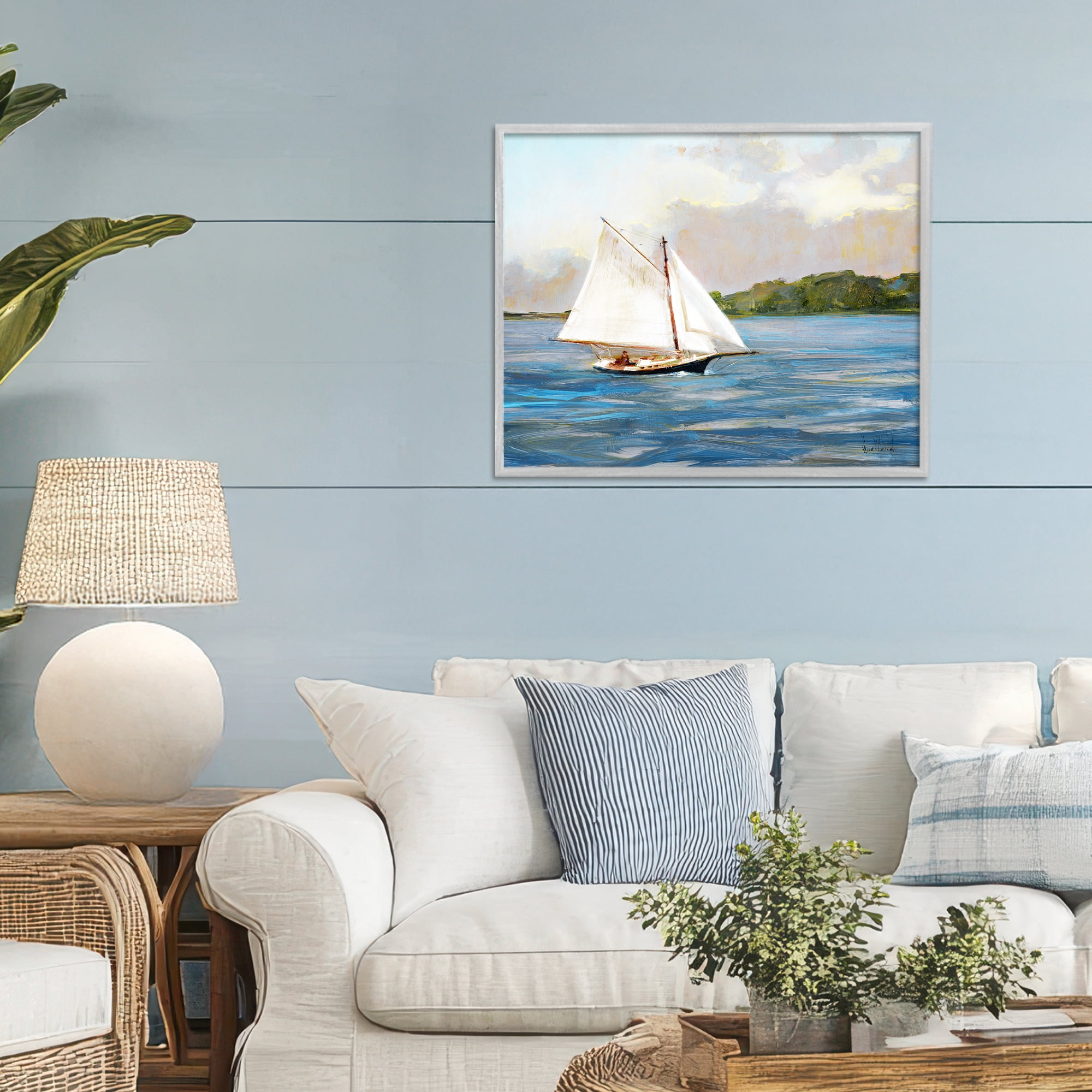 Stupell Industries White Sailboat on Calm Blue Sea Gray Framed Giclee Art, design by Katie Swatland