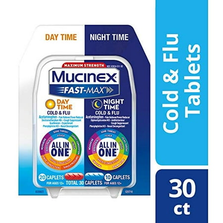 Cold, Cough, and Flu Maximum Strength – Mucinex Fast-Max Day/Night – 30 caplets – Fast relief for congestion, fever, aches, and sore