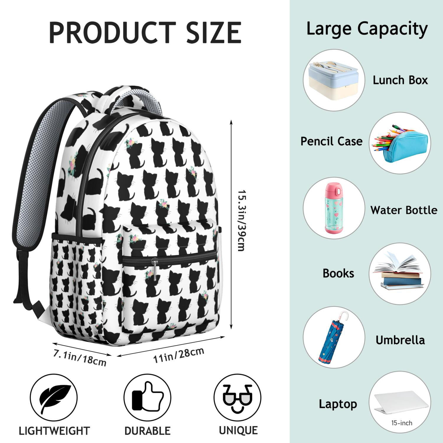 Elegant Floral Cat Themed Backpack for Women & Teens - Lightweight Waterproof School Bag for Travel & Work - Large Capacity Laptop Bag with Multiple Pockets - Trendy Cat Design