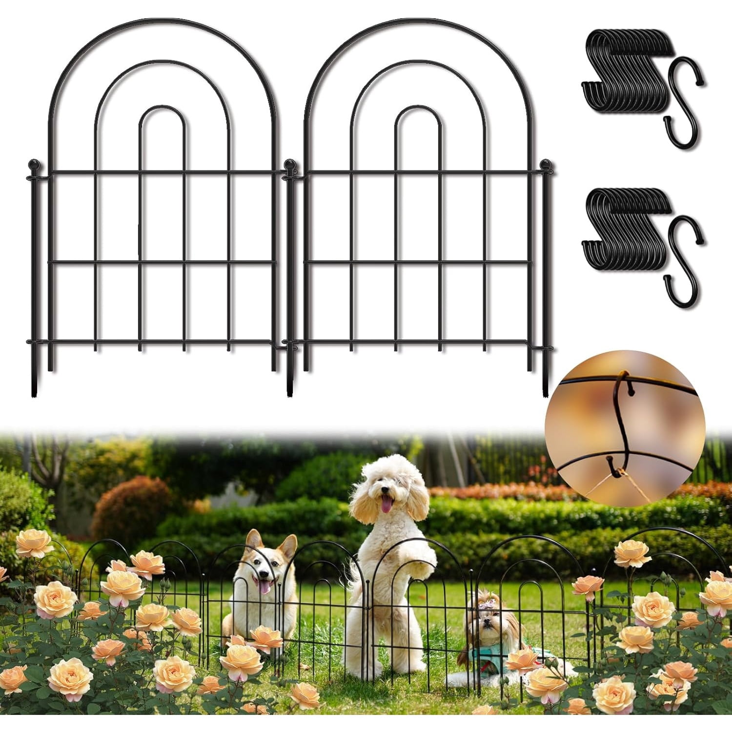 Garden Fence Panels, 17 in (High) x 20 ft (Long) Flower Bed Fencing for Small Animal Barrier, 19 Pcs Metal Decorative Fences Border with Hooks