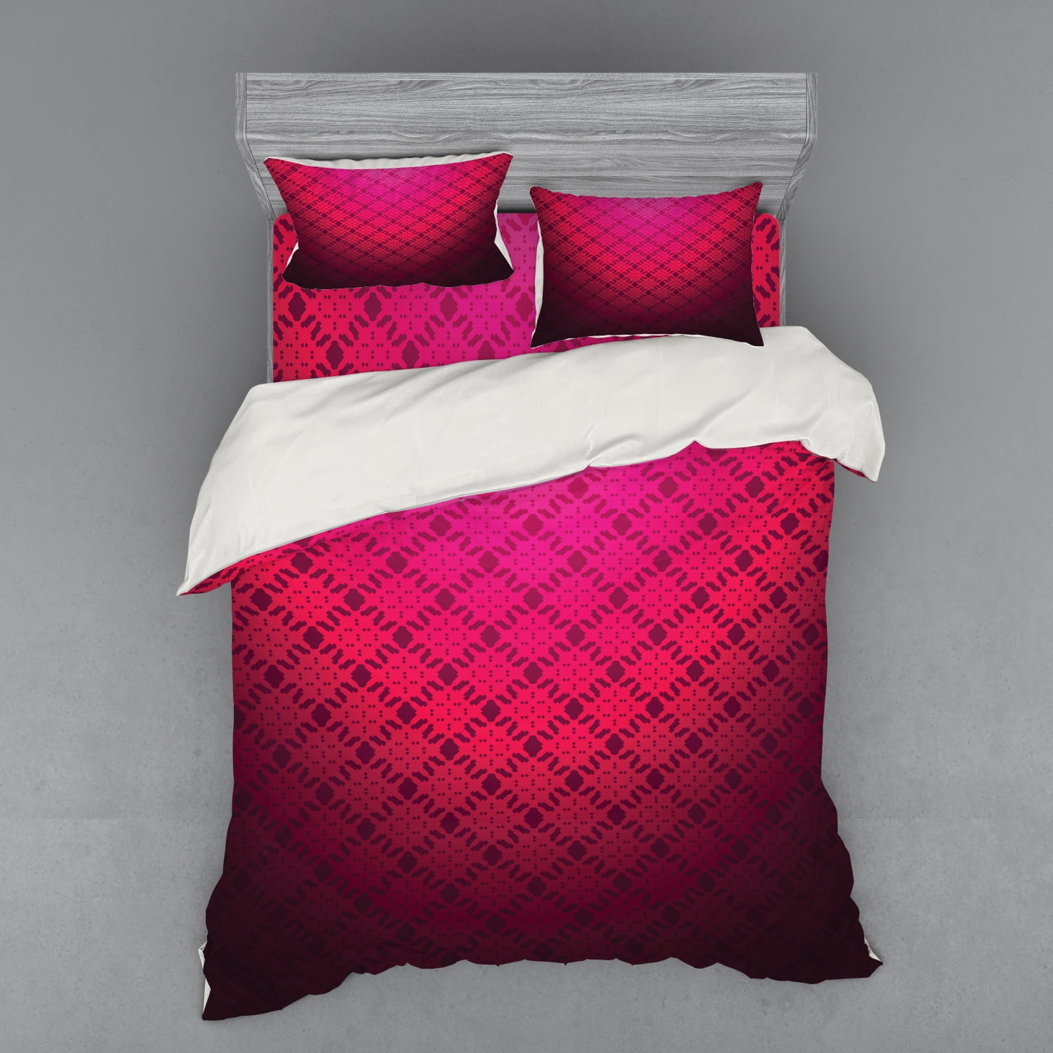 Magenta Duvet Cover Set, Damask Textured Geometric Romantic Style