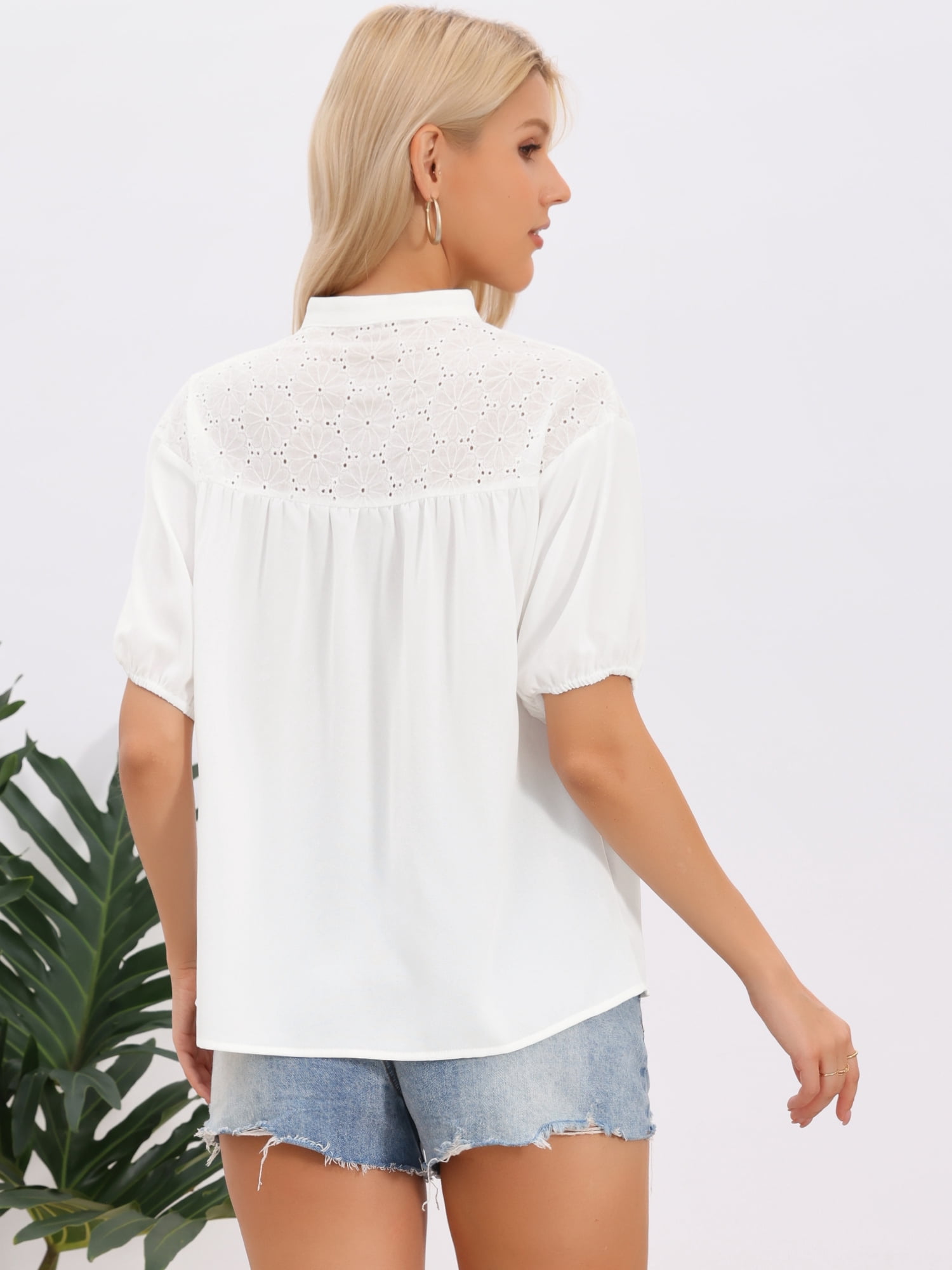 DARING DIVA Women's Eyelet Blouse Short Sleeve V Neck Embroidery Dressy Tops XS White