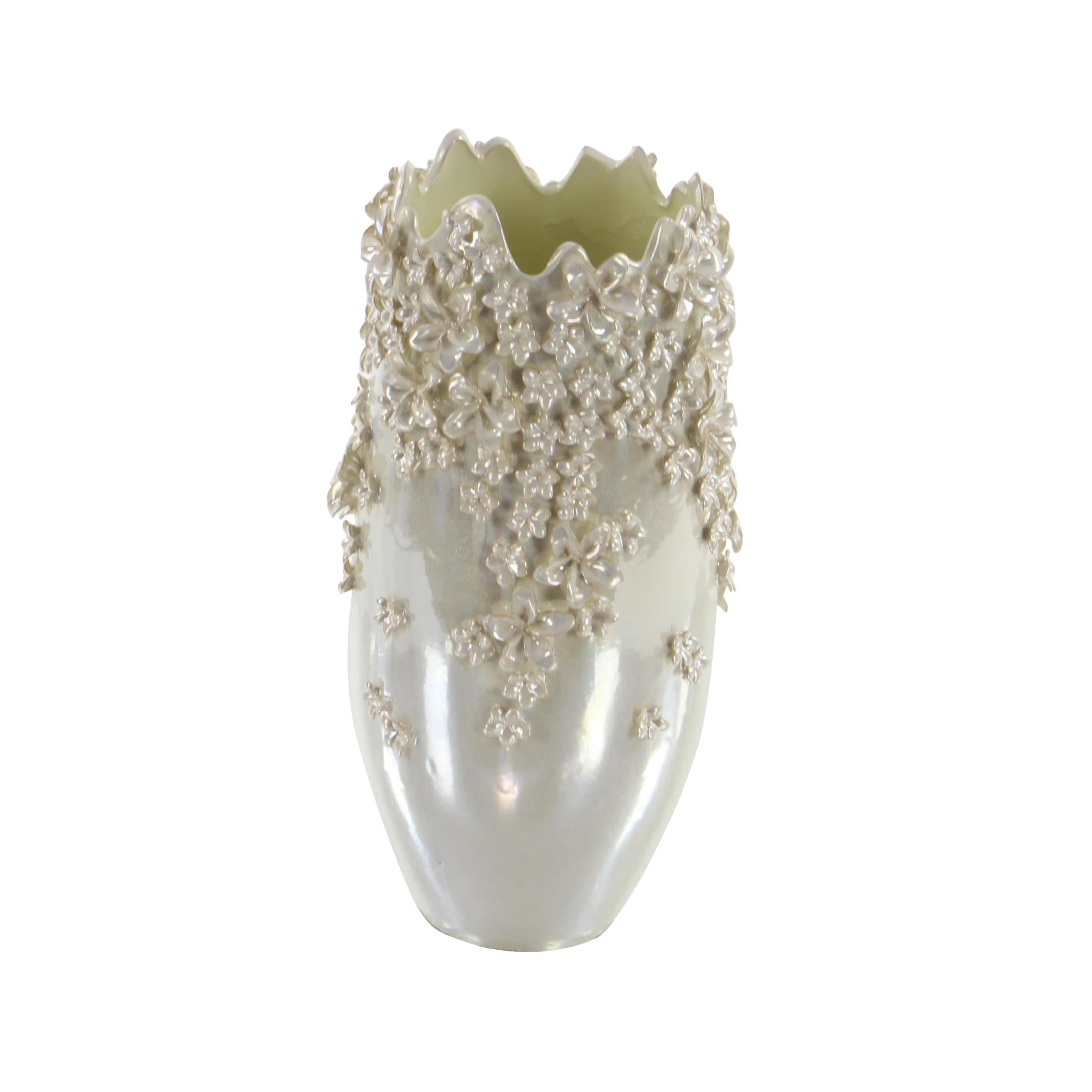 DecMode 17" Floral 3D Cream Ceramic Vase with Iridescent Glaze