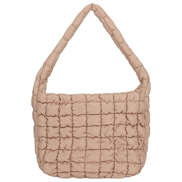 Women's Puffer Tote Bag Quilted Carryall - Adjustable Shoulder Strap With Detachable Pouch, Crossbody Hobo Bag (Khaki)