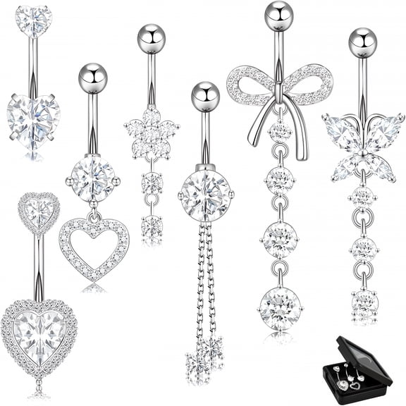 DESIGNICE 14G Belly Button Ring Dangle Belly Button Piercing Surgical Stainless Steel Belly Rings Cute CZ Heart Butterfly Flower Dangling Belly Piercing Jewelry for Women 7Pcs
