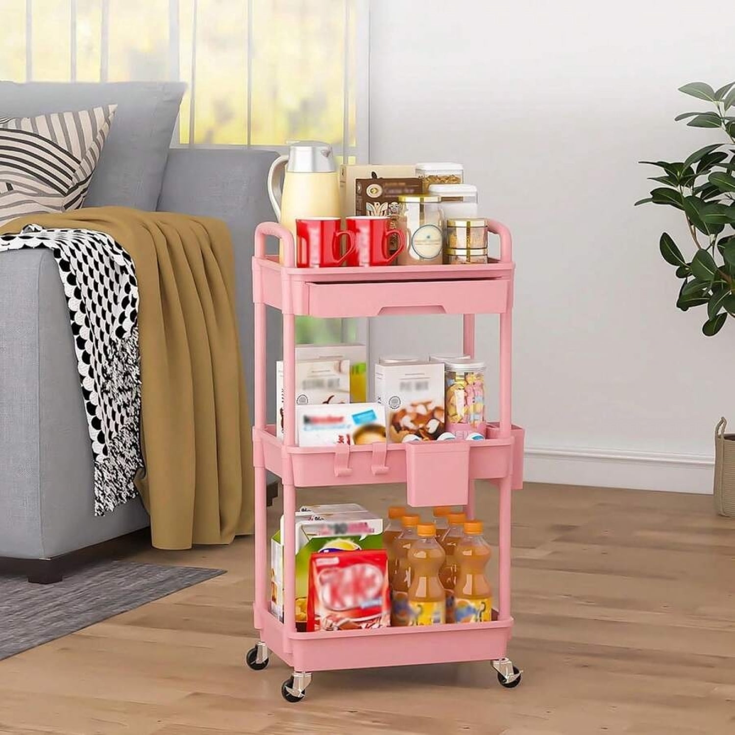 odorsTT 3 Tier Pink Rolling Storage Cart with Drawers Rolling Utility Cart with Drawers,Room Decor,Bathroom Decor,Rolling Utility Cart Rolling Storage Organizer Tool for Kitchen,Bathroom