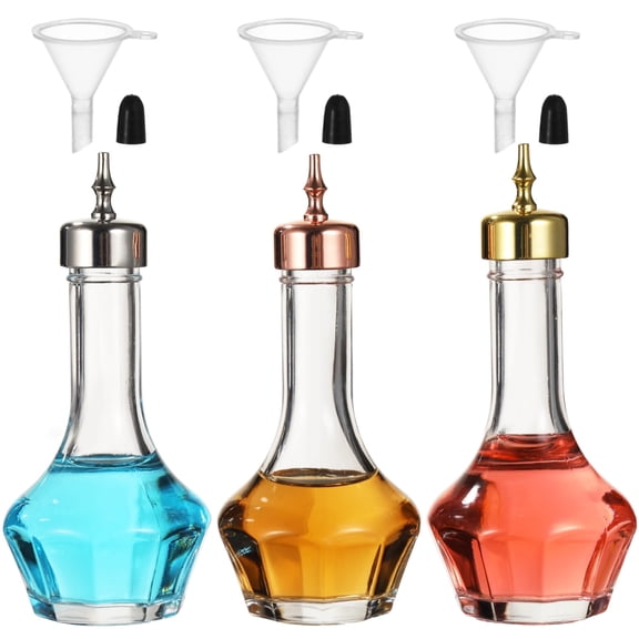 3 PCS Bitters Bottle Set – 1.7 oz Dasher Bottles with Precision Pour Spouts, Glass Cocktail Dispensers with Caps & Funnels, Gold, Rose Gold & Silver Bartending Tools for Home Bar
