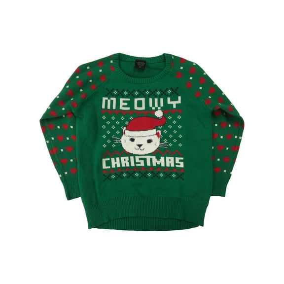 Toddler Girls Green & Red Meowy Christmas Kitty Cat Holiday Sweater 5T