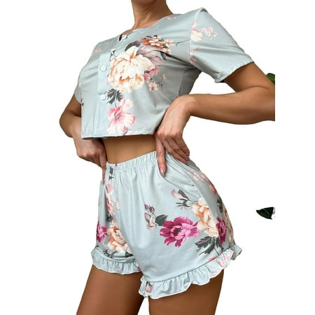 

Elegant Floral Round Neck Short Sets Multicolor Short Sleeve Women Pajama Sets XS