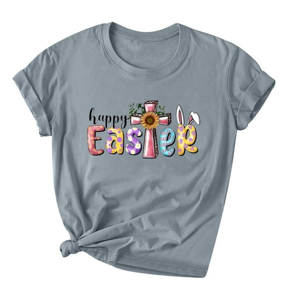 Virmaxy Happy Easter Womens Cross Graphic Basic Tee Easter Fashion Printed Short Sleeved T-Shirt With Novel Pattern Short Sleeved Round Neck Top Gray-A XS