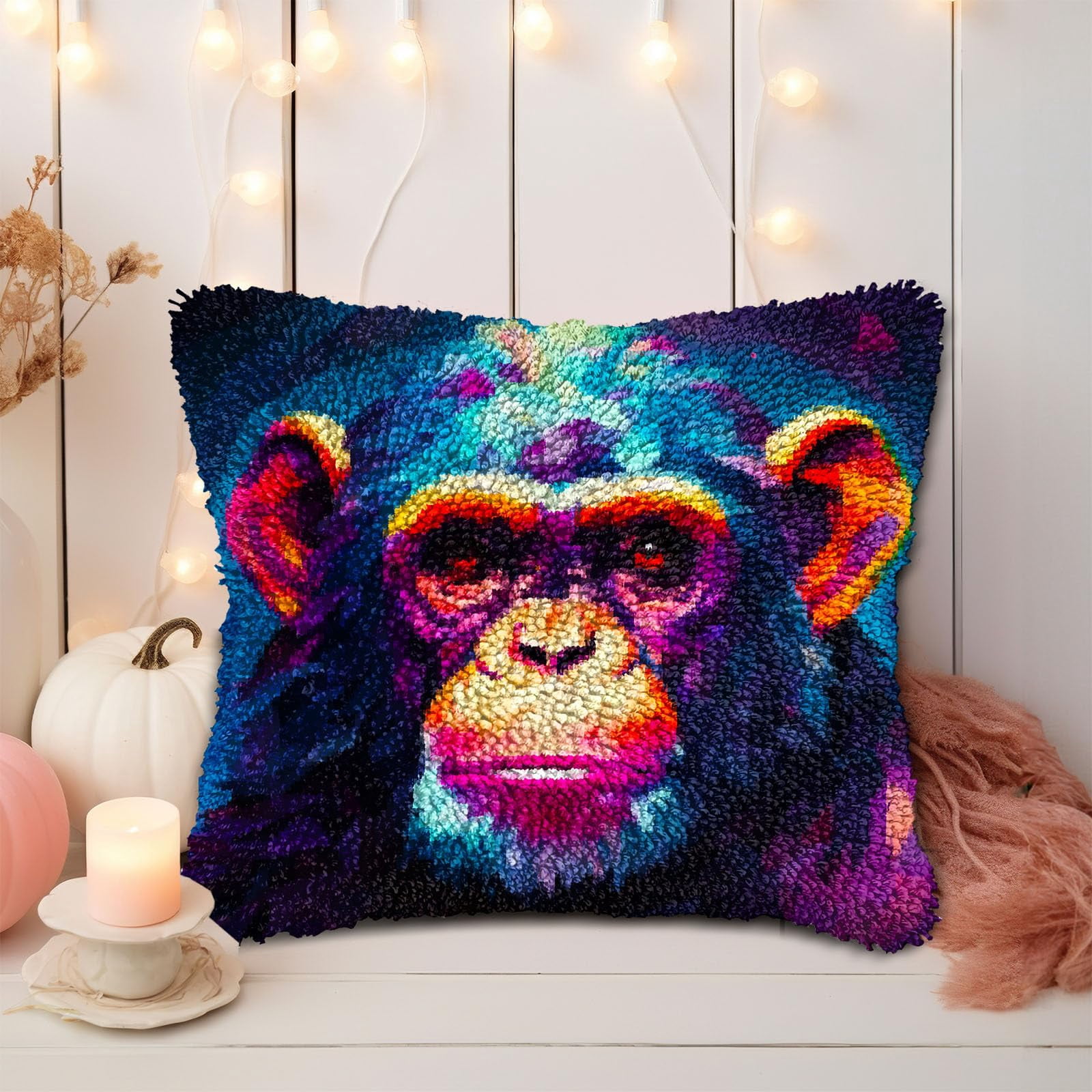 Portrait of Monkey DIY Latch Hook Pillow Kits for Adults Printed Pillowcase Crochet Yarns Hooking Handmade Pillow Cover Cushion for Home Sofa Decoration 17x17inch