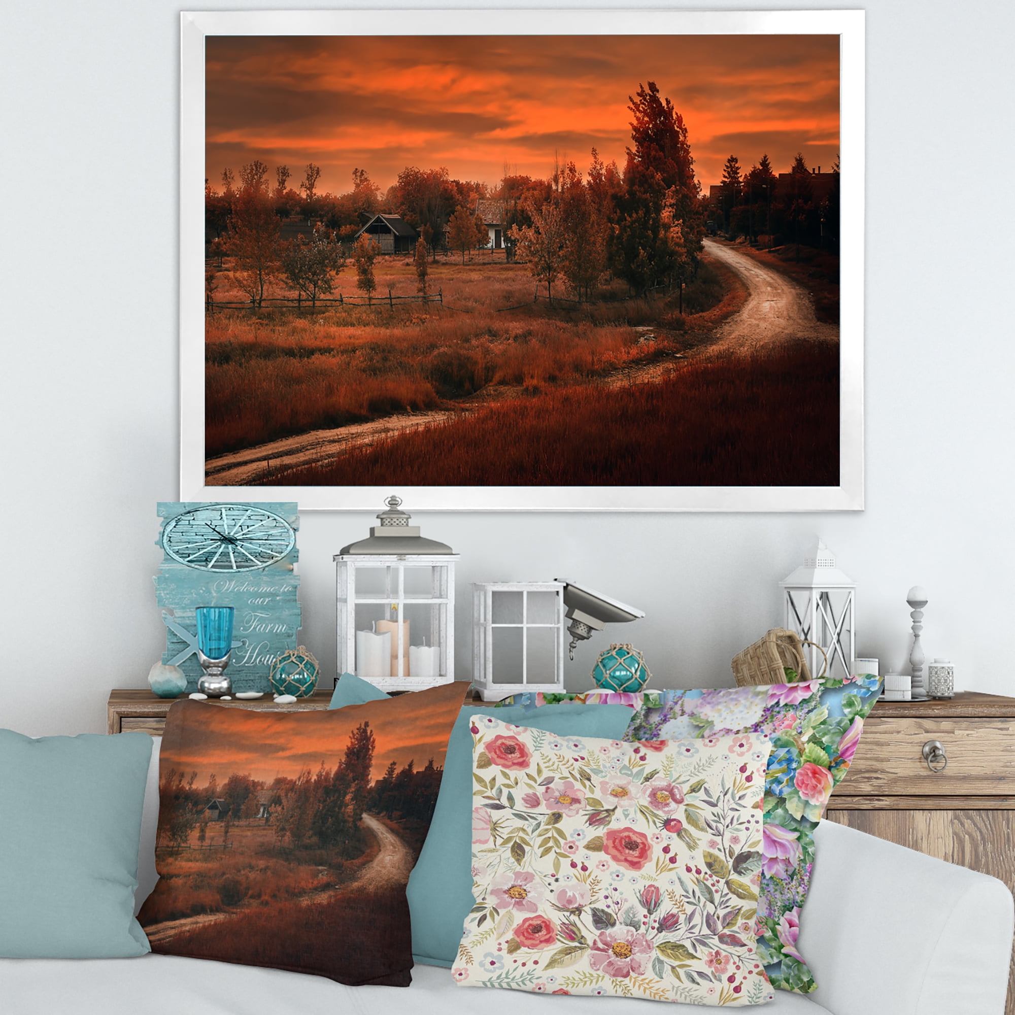 Designart 'The Road By The Farm In Dark Pink Sunset' Farmhouse Framed Art Print