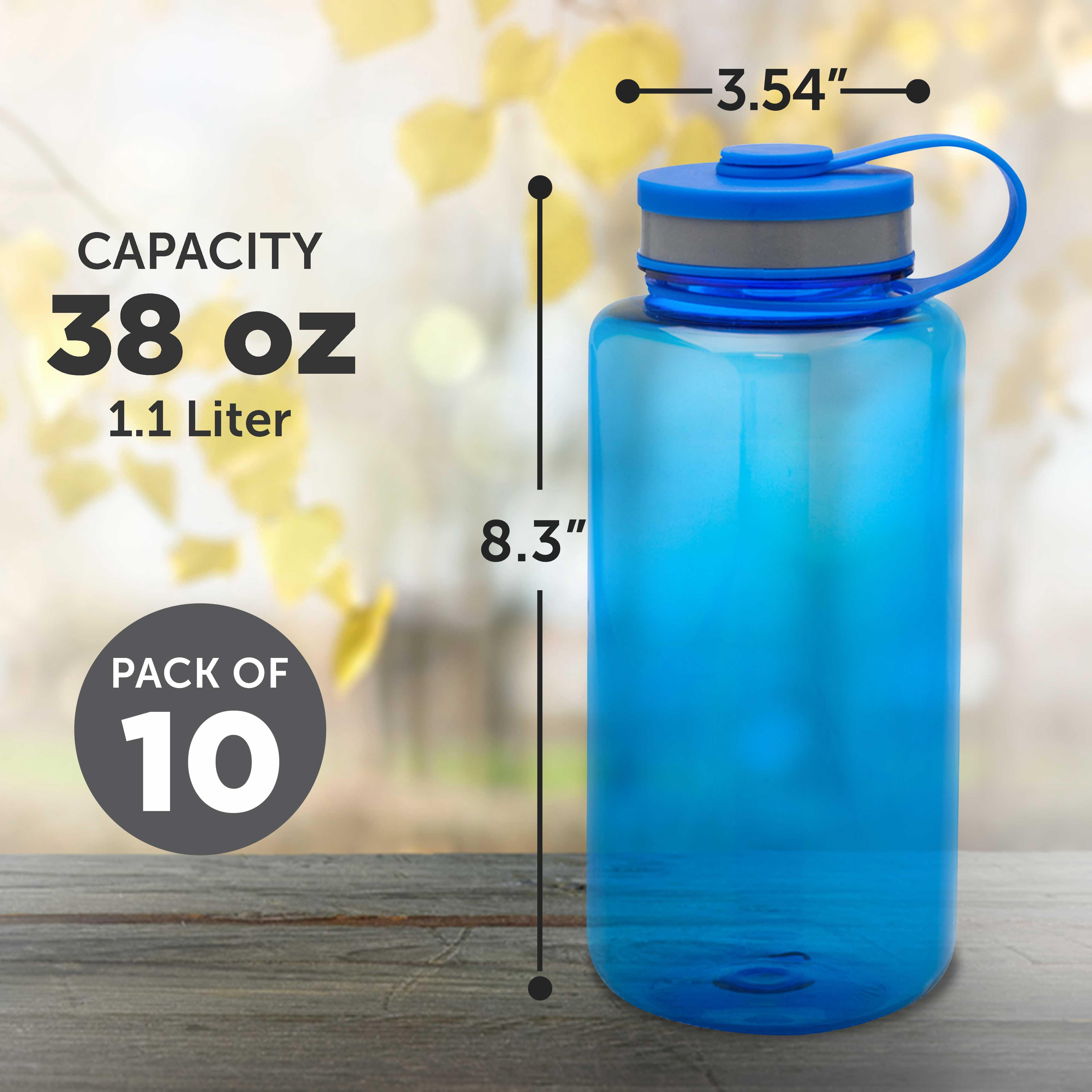 Plastic Sports Water Bottles with Flip Lid 38 oz. Set of 10, Bulk Pack - Great for Gym, Hiking, Cycling, Camping, Backpacking, School - Blue