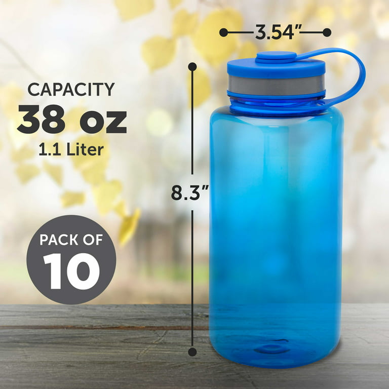 Plastic Sports Water Bottles with Flip Lid 38 oz. Set of 10, Bulk Pack -  Great for Gym, Hiking, Cycling, Camping, Backpacking, School - Blue 