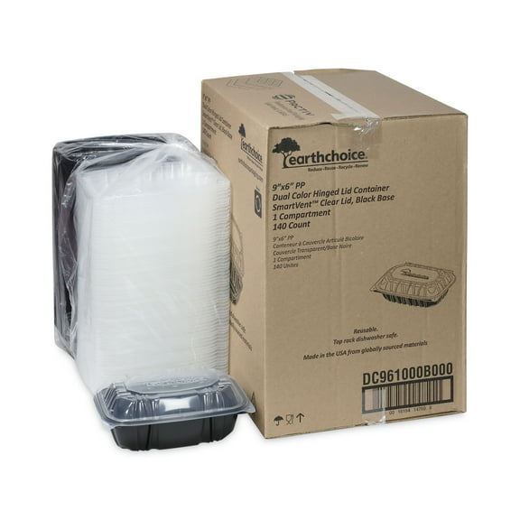 Pactiv Evergreen EarthChoice Vented Dual Color Microwavable Hinged Lid Container, 34 oz, 9 x 6 x 3, Black/Clear, 140/Carton