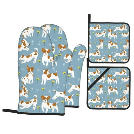 

Oven Mitts and Pot Holders Sets 4 pcs Cute Dog Puppy Daisy Non-Slip Oven Gloves Potholders Soft Quilted Lining Heat Resistant Gloves Hot Pads for Kitchen Cooking Baking