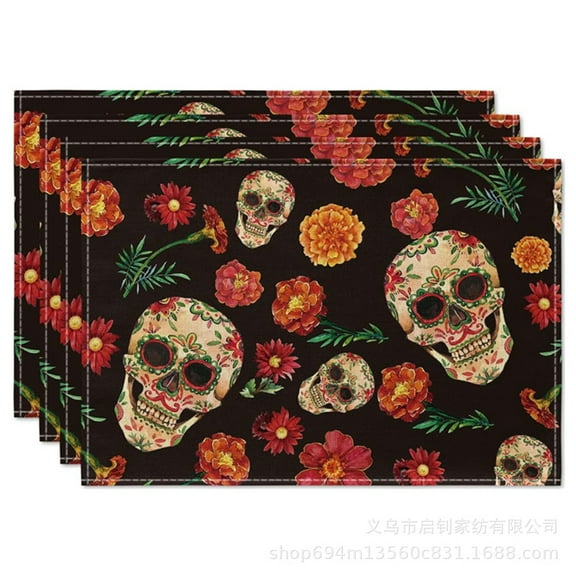 Roses Skulls Day of The Dead Placemats Set of 4, 12x18 Inch Silhouette Halloween Fall Table Mats for Party Kitchen Dining Decora