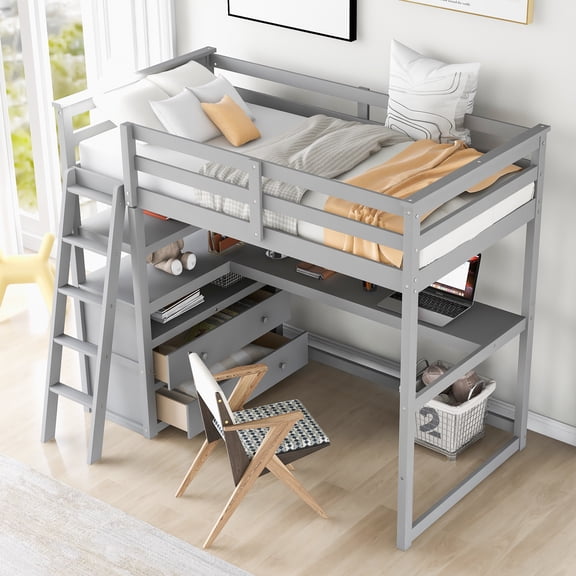 Twin Size Loft Bed with Desk and Shelves, Cosymart Two Built-in Drawers, Gray